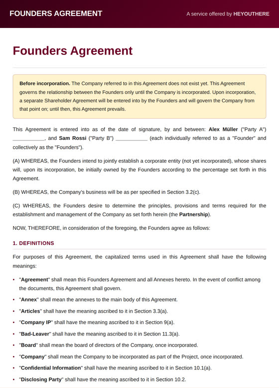 First page of the Founders Agreement