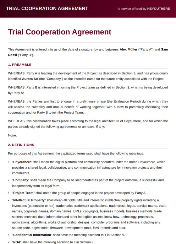 First page of the Trial Cooperation Agreement